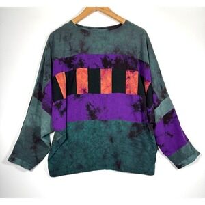 Beth‎ Nash Silk Blouse XS Green Purple Tie Dye Patchwork Artsy Oversized Top